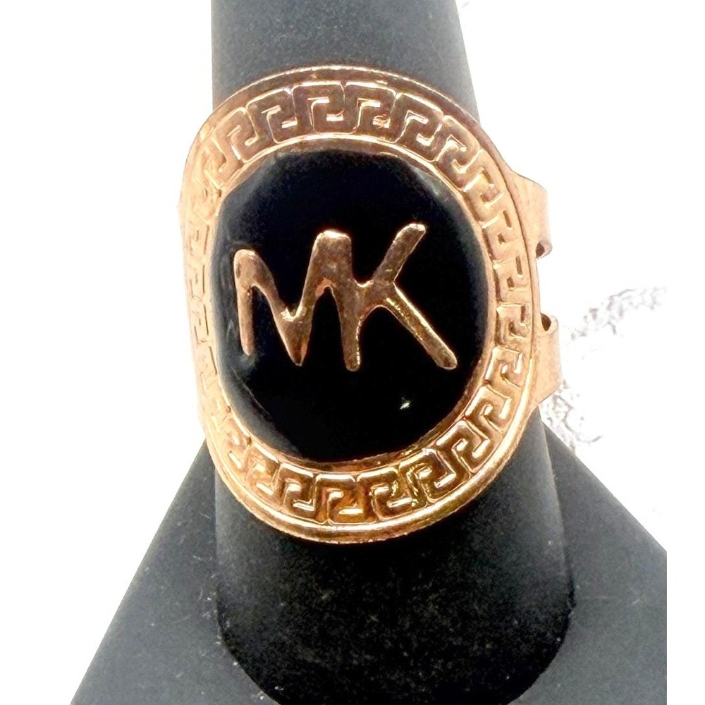 Rose Gold Tone MK Initial Ring Size 10 Black Enamel Open Back Statement